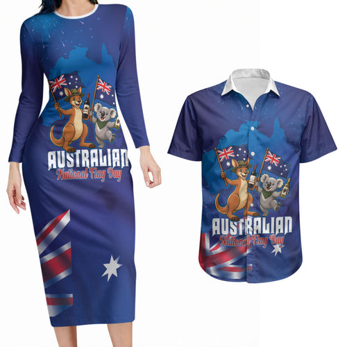 Australian National Flag Day Personalised Couples Matching Long Sleeve Bodycon Dress and Hawaiian Shirt Funny Kangaroo Koala Aussie Proud