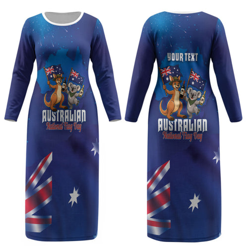 Australian National Flag Day Personalised Couples Matching Long Sleeve Bodycon Dress and Hawaiian Shirt Funny Kangaroo Koala Aussie Proud