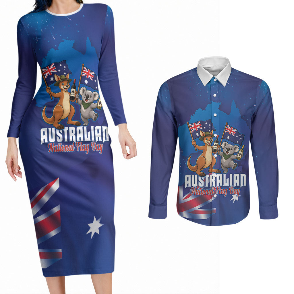 Australian National Flag Day Personalised Couples Matching Long Sleeve Bodycon Dress and Long Sleeve Button Shirt Funny Kangaroo Koala Aussie Proud