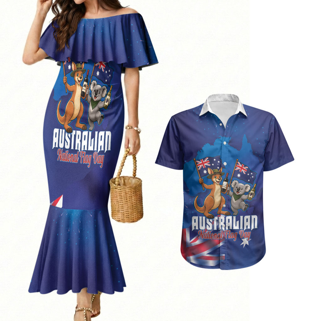 Australian National Flag Day Personalised Couples Matching Mermaid Dress and Hawaiian Shirt Funny Kangaroo Koala Aussie Proud