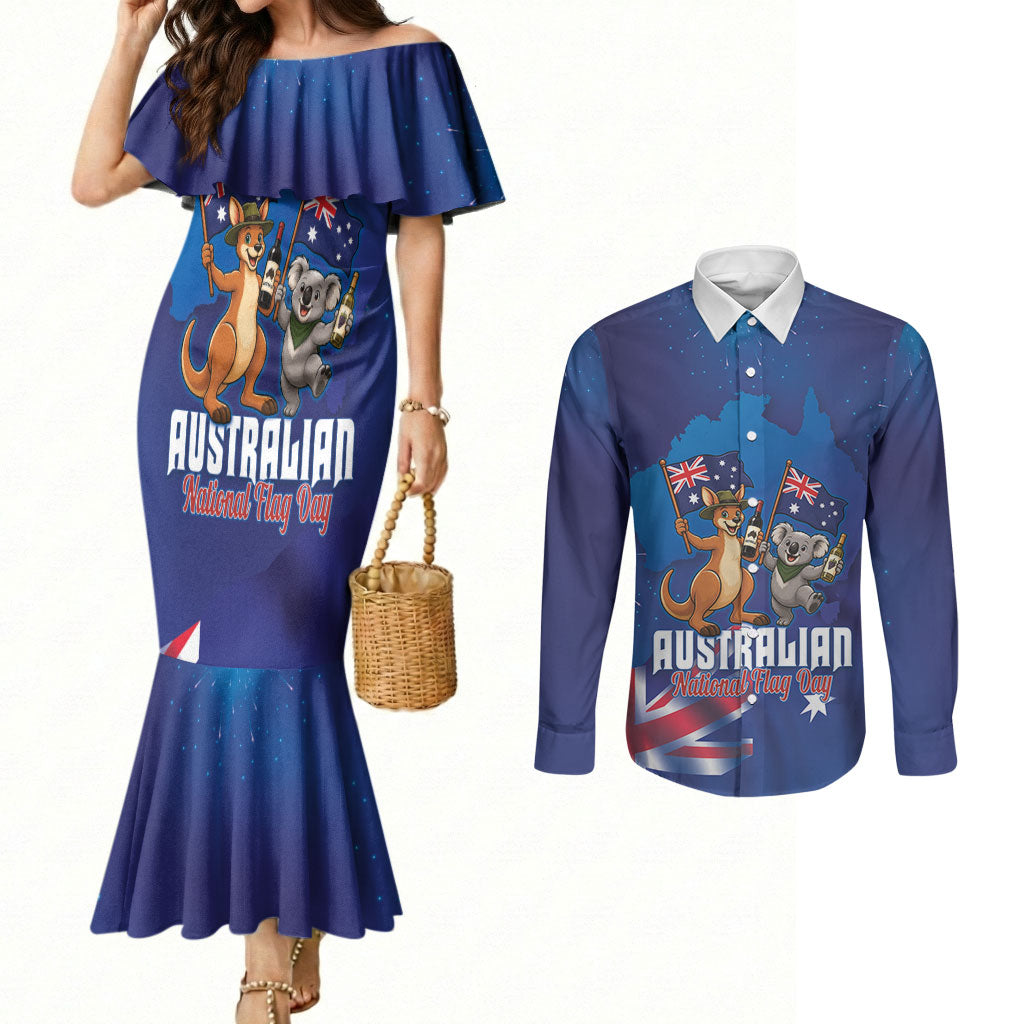 Australian National Flag Day Personalised Couples Matching Mermaid Dress and Long Sleeve Button Shirt Funny Kangaroo Koala Aussie Proud