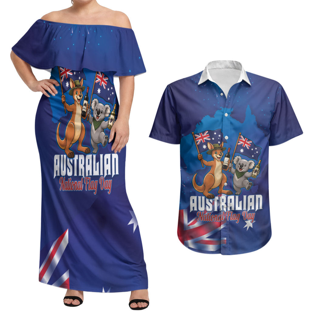 Australian National Flag Day Personalised Couples Matching Off Shoulder Maxi Dress and Hawaiian Shirt Funny Kangaroo Koala Aussie Proud