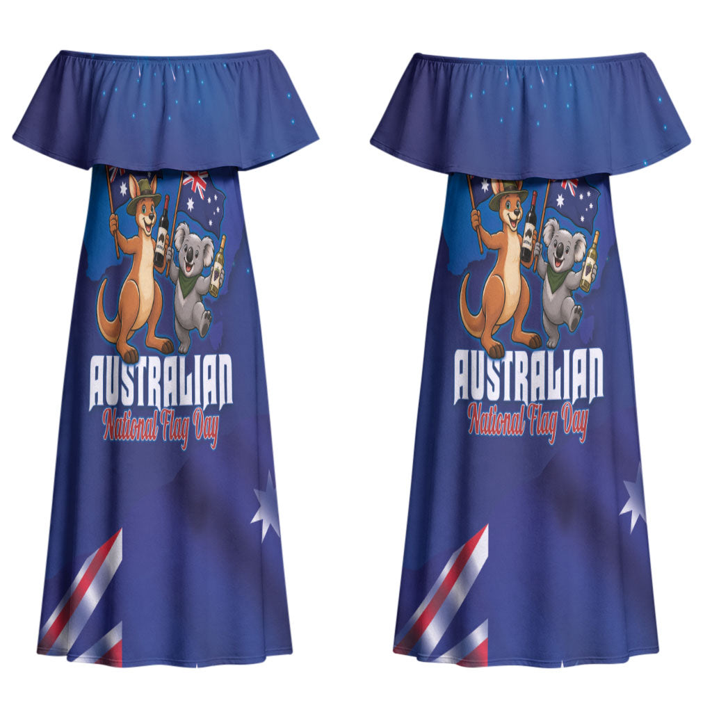 Australian National Flag Day Personalised Couples Matching Off Shoulder Maxi Dress and Hawaiian Shirt Funny Kangaroo Koala Aussie Proud