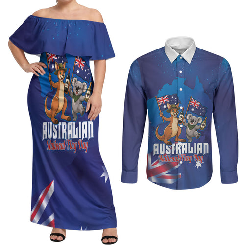 Australian National Flag Day Personalised Couples Matching Off Shoulder Maxi Dress and Long Sleeve Button Shirt Funny Kangaroo Koala Aussie Proud