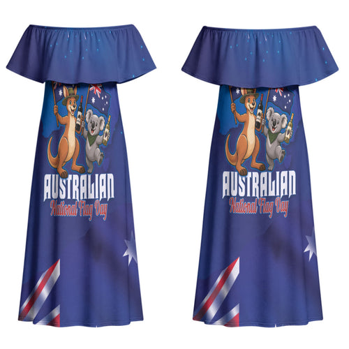Australian National Flag Day Personalised Couples Matching Off Shoulder Maxi Dress and Long Sleeve Button Shirt Funny Kangaroo Koala Aussie Proud
