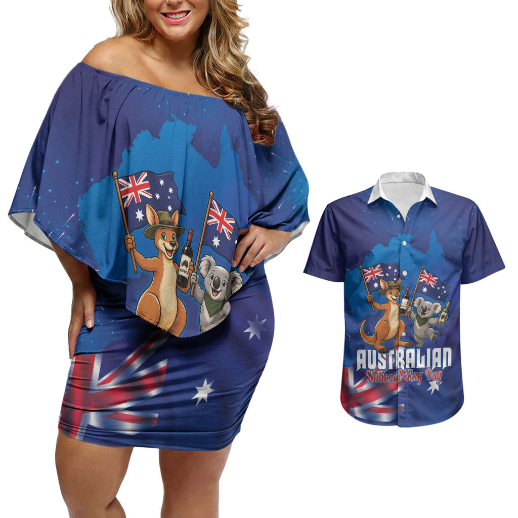 Australian National Flag Day Personalised Couples Matching Off Shoulder Short Dress and Hawaiian Shirt Funny Kangaroo Koala Aussie Proud