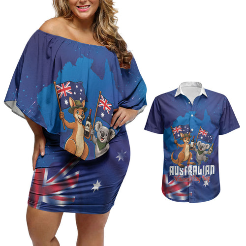 Australian National Flag Day Personalised Couples Matching Off Shoulder Short Dress and Hawaiian Shirt Funny Kangaroo Koala Aussie Proud