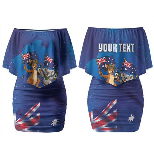Australian National Flag Day Personalised Couples Matching Off Shoulder Short Dress and Hawaiian Shirt Funny Kangaroo Koala Aussie Proud