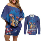 Australian National Flag Day Personalised Couples Matching Off Shoulder Short Dress and Long Sleeve Button Shirt Funny Kangaroo Koala Aussie Proud