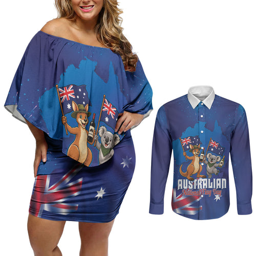 Australian National Flag Day Personalised Couples Matching Off Shoulder Short Dress and Long Sleeve Button Shirt Funny Kangaroo Koala Aussie Proud