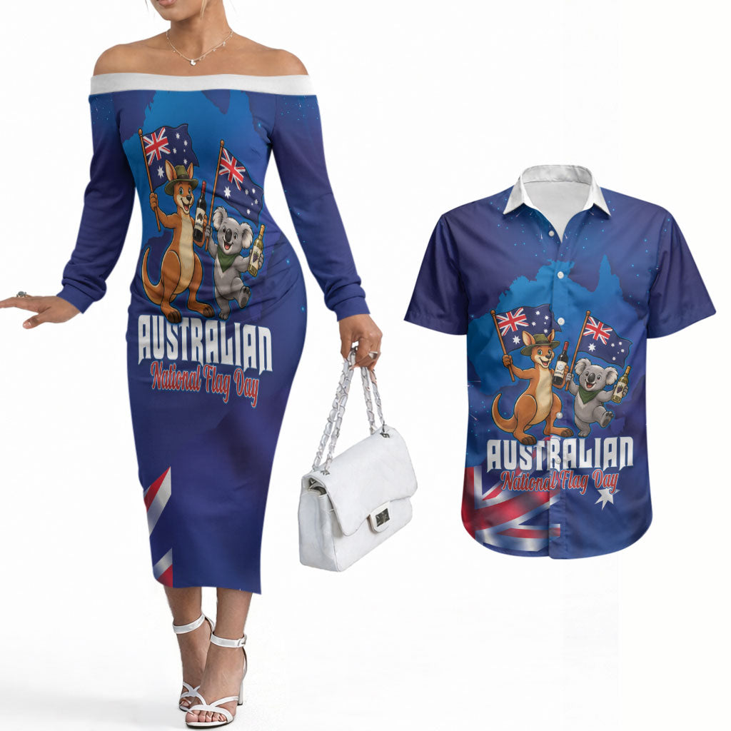 Australian National Flag Day Personalised Couples Matching Off The Shoulder Long Sleeve Dress and Hawaiian Shirt Funny Kangaroo Koala Aussie Proud