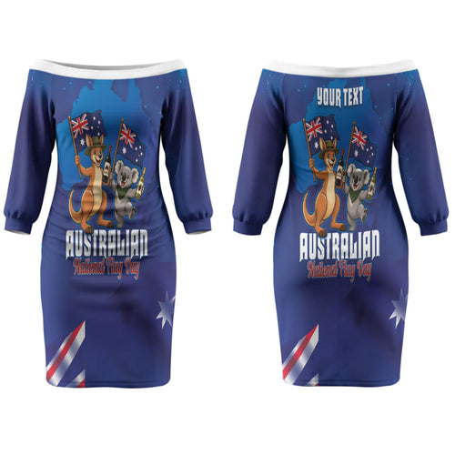 Australian National Flag Day Personalised Couples Matching Off The Shoulder Long Sleeve Dress and Hawaiian Shirt Funny Kangaroo Koala Aussie Proud