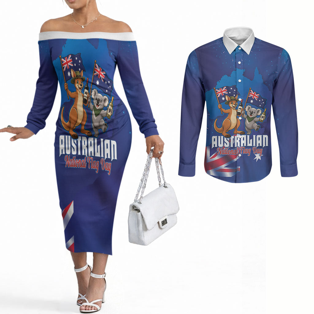 Australian National Flag Day Personalised Couples Matching Off The Shoulder Long Sleeve Dress and Long Sleeve Button Shirt Funny Kangaroo Koala Aussie Proud