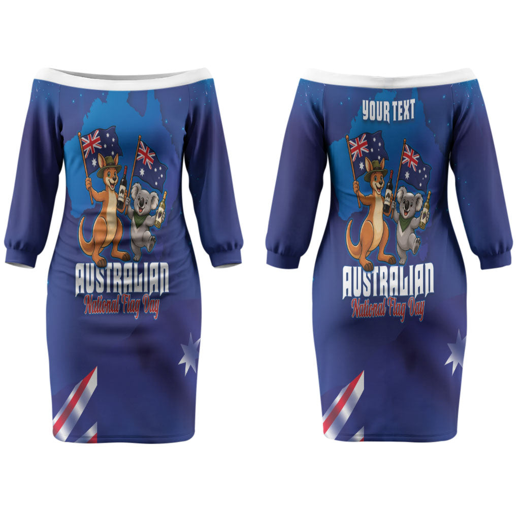 Australian National Flag Day Personalised Couples Matching Off The Shoulder Long Sleeve Dress and Long Sleeve Button Shirt Funny Kangaroo Koala Aussie Proud