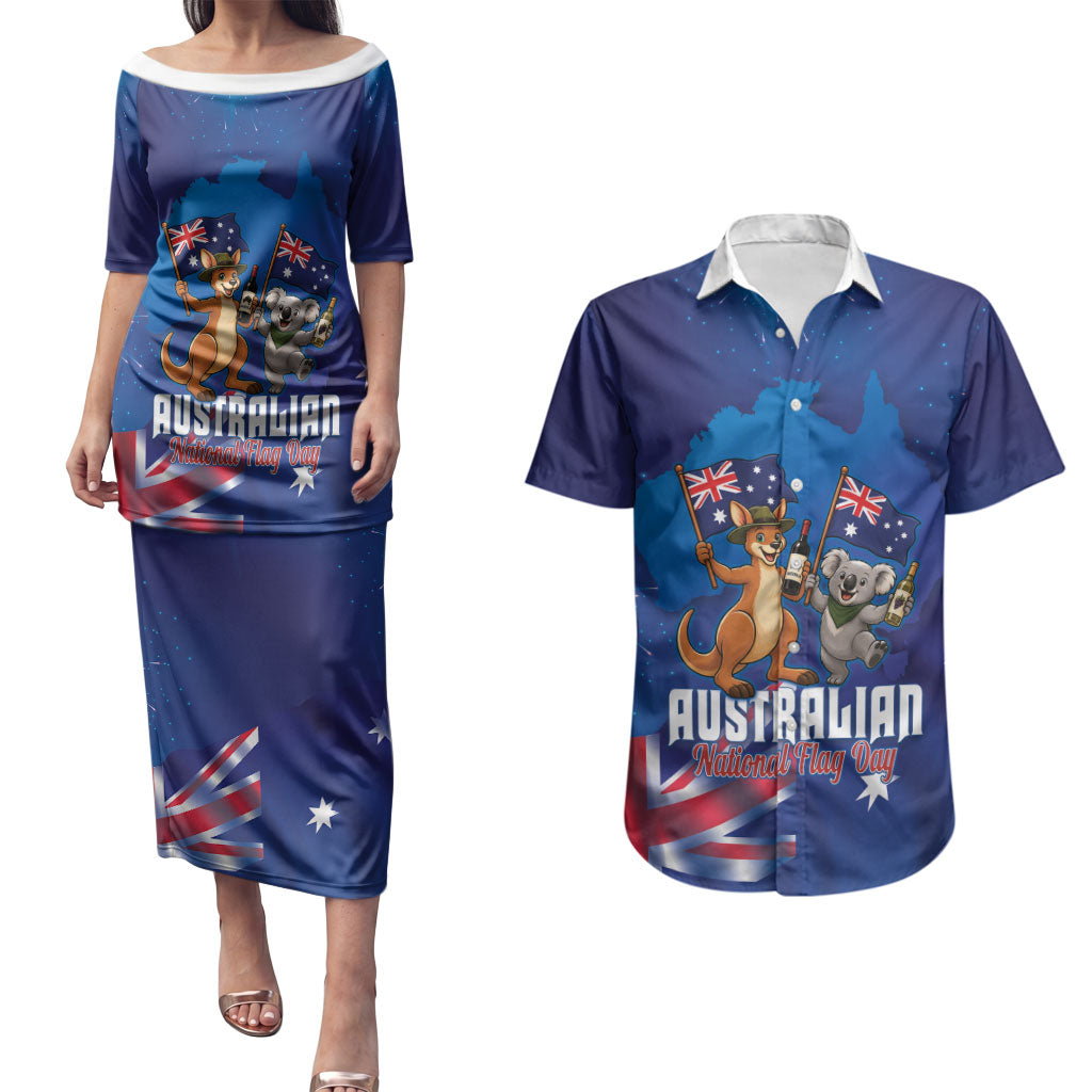Australian National Flag Day Personalised Couples Matching Puletasi and Hawaiian Shirt Funny Kangaroo Koala Aussie Proud