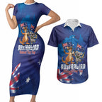 Australian National Flag Day Personalised Couples Matching Short Sleeve Bodycon Dress and Hawaiian Shirt Funny Kangaroo Koala Aussie Proud