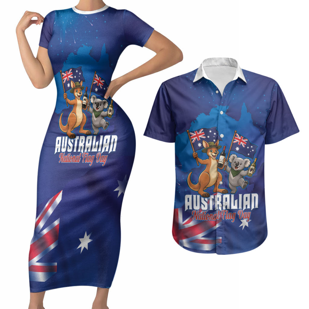 Australian National Flag Day Personalised Couples Matching Short Sleeve Bodycon Dress and Hawaiian Shirt Funny Kangaroo Koala Aussie Proud