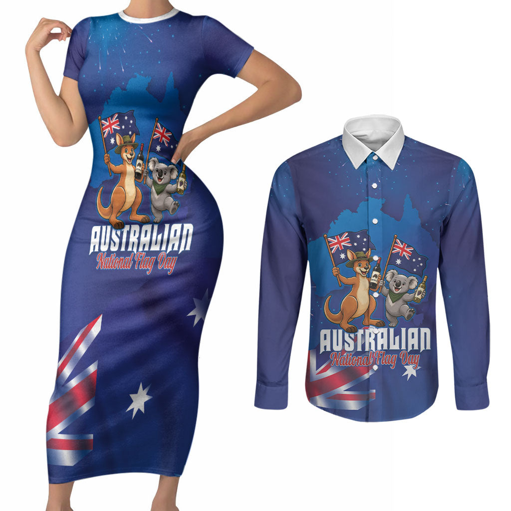 Australian National Flag Day Personalised Couples Matching Short Sleeve Bodycon Dress and Long Sleeve Button Shirt Funny Kangaroo Koala Aussie Proud