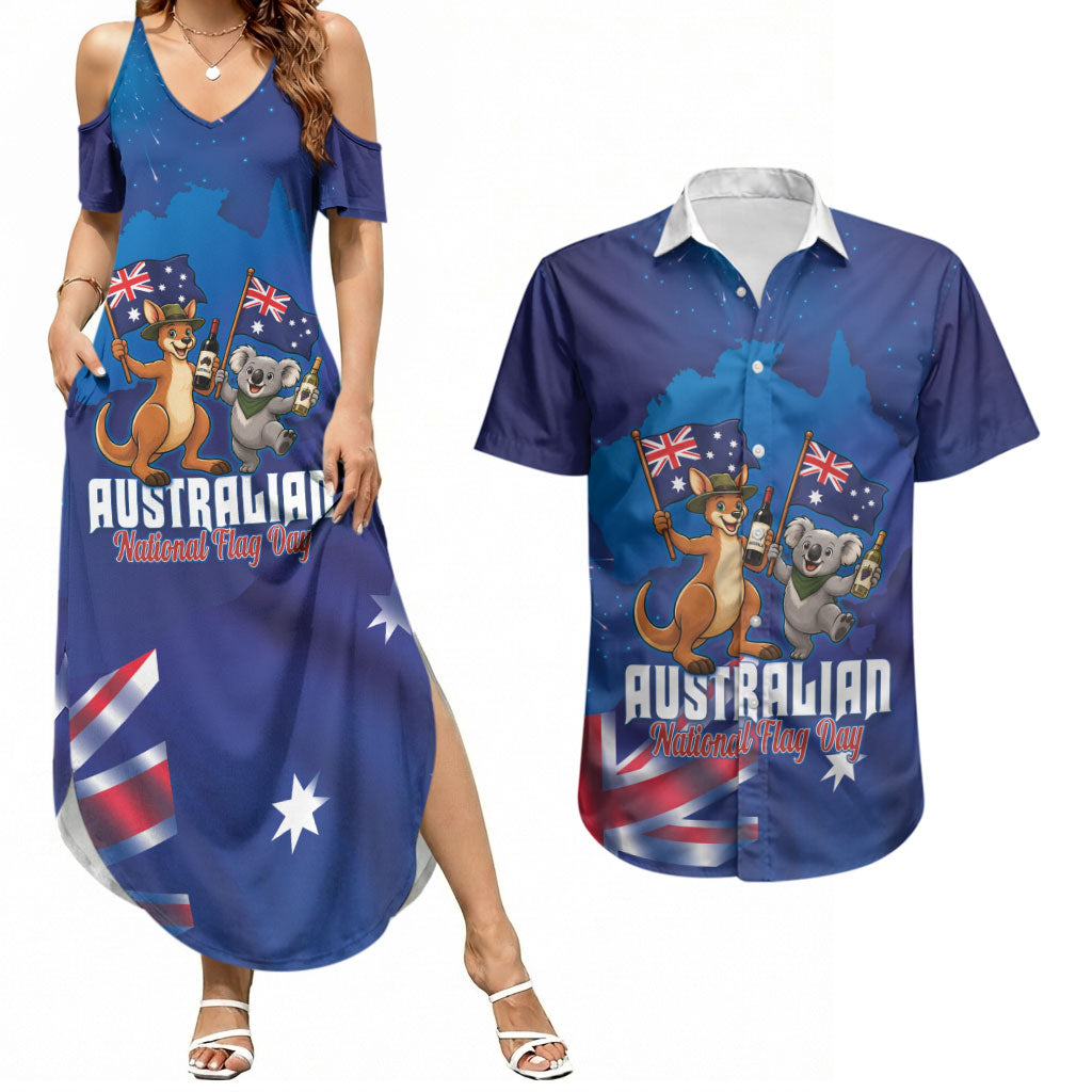 Australian National Flag Day Personalised Couples Matching Summer Maxi Dress and Hawaiian Shirt Funny Kangaroo Koala Aussie Proud