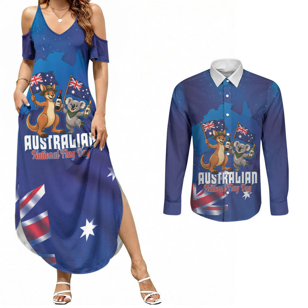 Australian National Flag Day Personalised Couples Matching Summer Maxi Dress and Long Sleeve Button Shirt Funny Kangaroo Koala Aussie Proud
