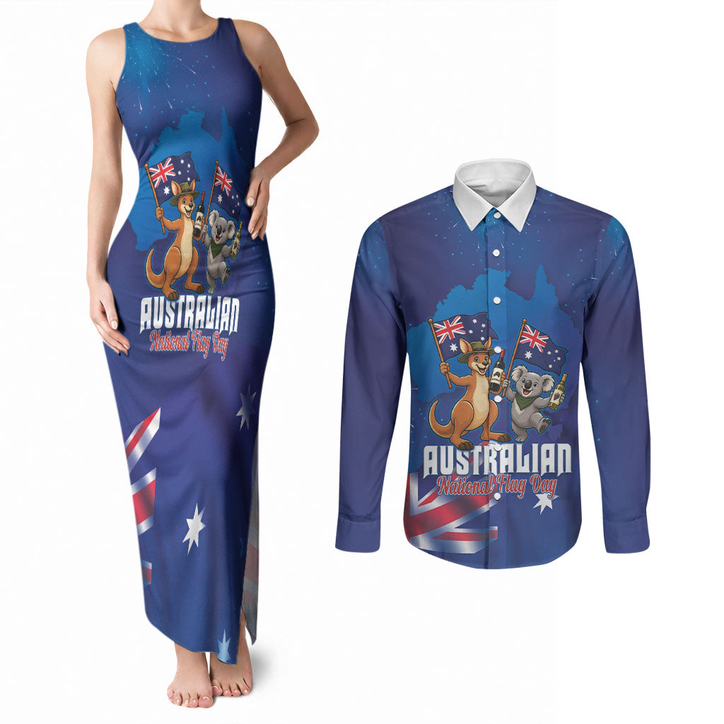 Australian National Flag Day Personalised Couples Matching Tank Maxi Dress and Long Sleeve Button Shirt Funny Kangaroo Koala Aussie Proud