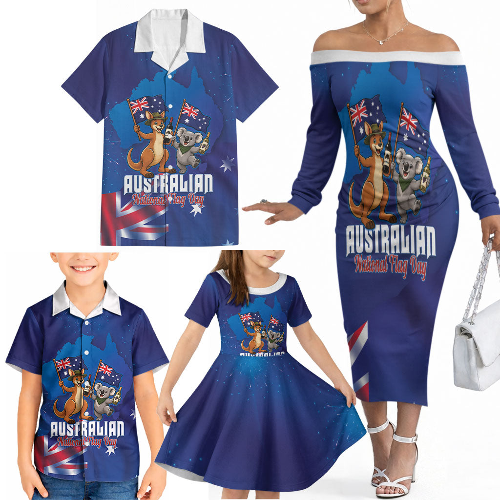 Australian National Flag Day Personalised Family Matching Off The Shoulder Long Sleeve Dress and Hawaiian Shirt Funny Kangaroo Koala Aussie Proud