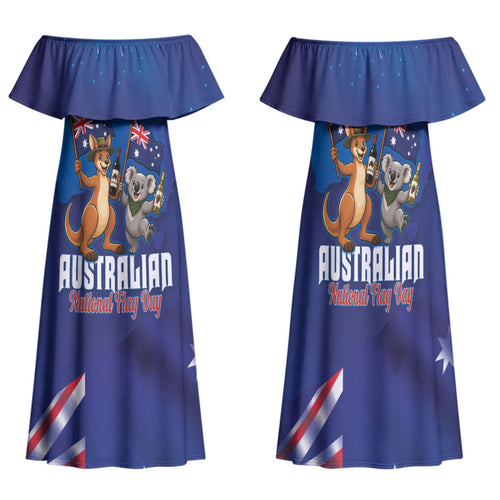 Australian National Flag Day Personalised Family Matching Off Shoulder Maxi Dress and Hawaiian Shirt Funny Kangaroo Koala Aussie Proud