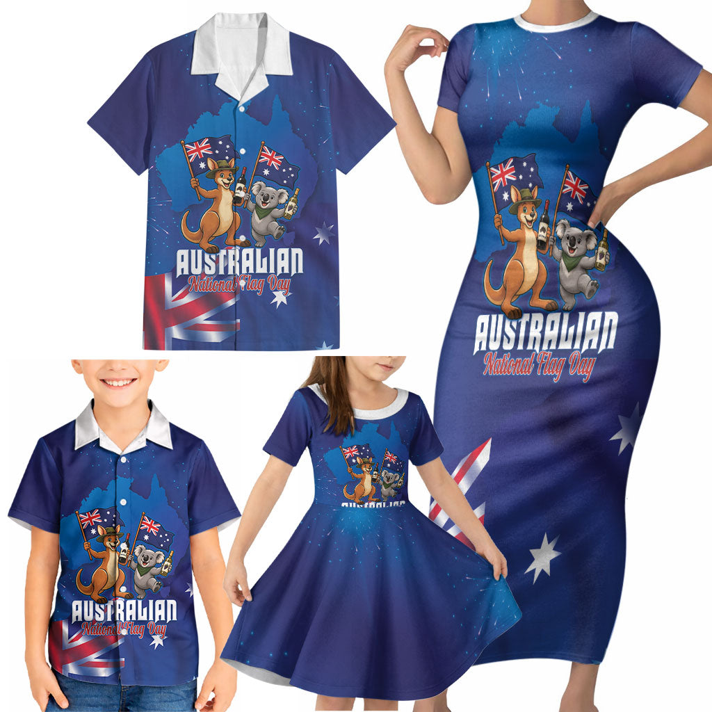 Australian National Flag Day Personalised Family Matching Short Sleeve Bodycon Dress and Hawaiian Shirt Funny Kangaroo Koala Aussie Proud
