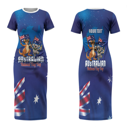 Australian National Flag Day Personalised Family Matching Short Sleeve Bodycon Dress and Hawaiian Shirt Funny Kangaroo Koala Aussie Proud