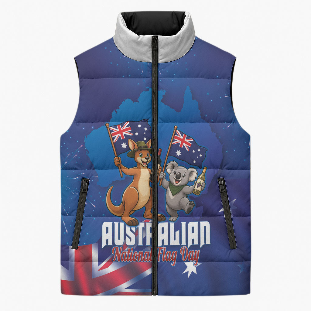 Australian National Flag Day Personalised Sleeveless Puffer Jacket Funny Kangaroo Koala Aussie Proud