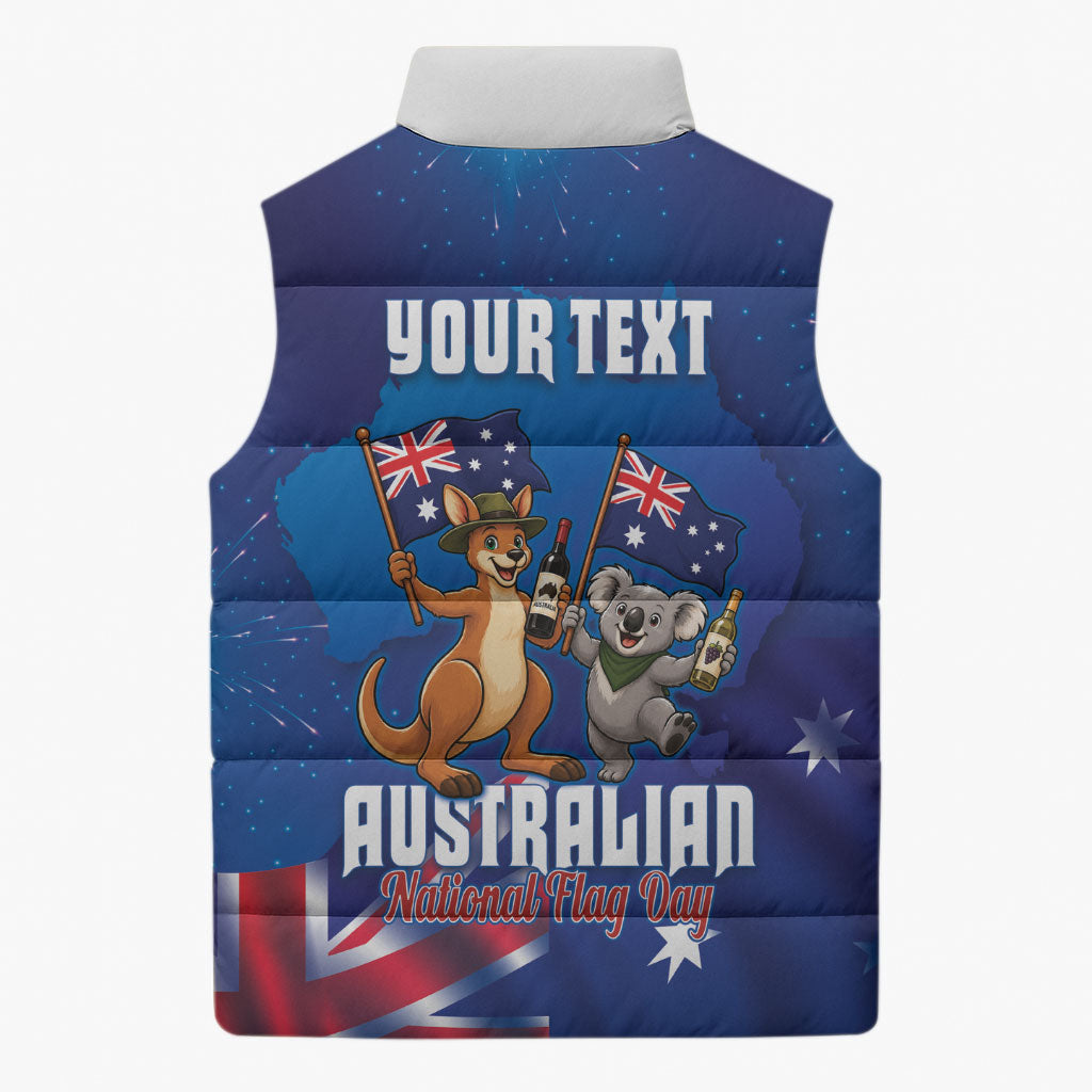 Australian National Flag Day Personalised Sleeveless Puffer Jacket Funny Kangaroo Koala Aussie Proud