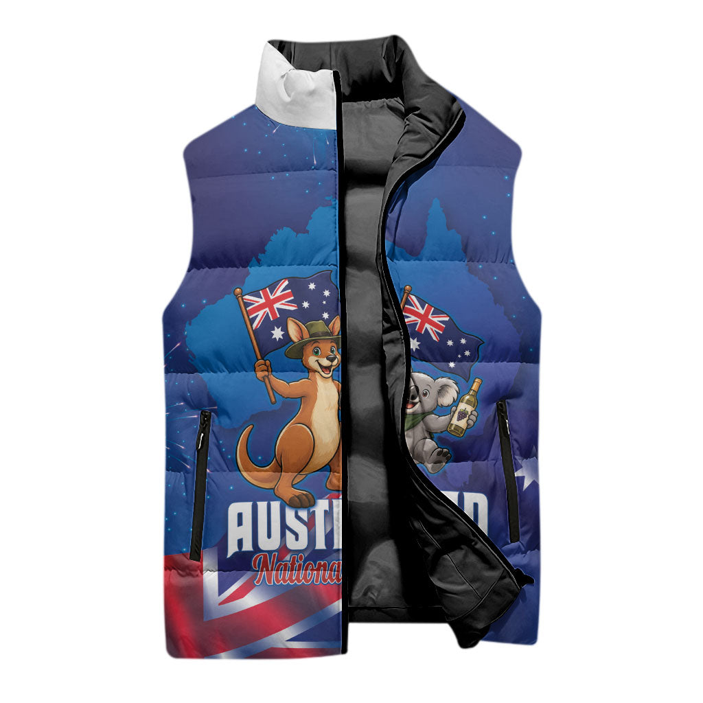 Australian National Flag Day Personalised Sleeveless Puffer Jacket Funny Kangaroo Koala Aussie Proud