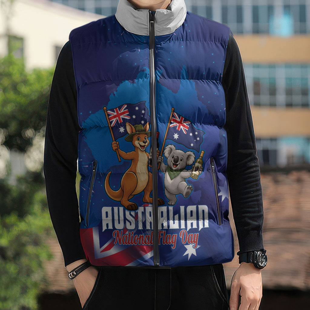 Australian National Flag Day Personalised Sleeveless Puffer Jacket Funny Kangaroo Koala Aussie Proud