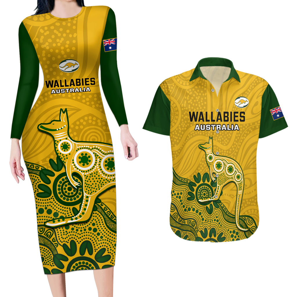 australia-rugby-couples-matching-long-sleeve-bodycon-dress-and-hawaiian-shirt-wallabies-2023-kangaroo-indigenous-art