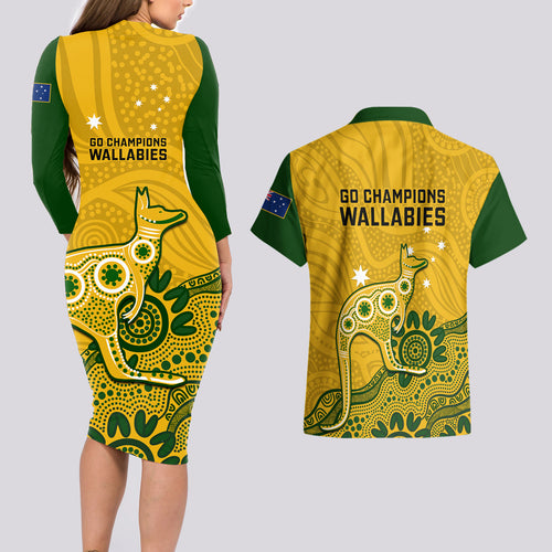 australia-rugby-couples-matching-long-sleeve-bodycon-dress-and-hawaiian-shirt-wallabies-2023-kangaroo-indigenous-art
