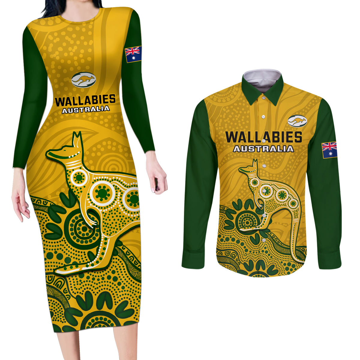 australia-rugby-couples-matching-long-sleeve-bodycon-dress-and-long-sleeve-button-shirts-wallabies-2023-kangaroo-indigenous-art