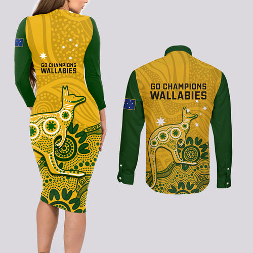 australia-rugby-couples-matching-long-sleeve-bodycon-dress-and-long-sleeve-button-shirts-wallabies-2023-kangaroo-indigenous-art