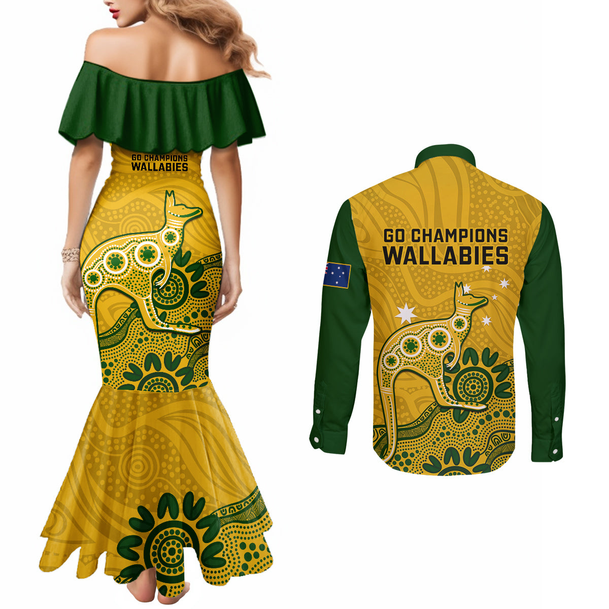 australia-rugby-couples-matching-mermaid-dress-and-long-sleeve-button-shirts-wallabies-2023-kangaroo-indigenous-art