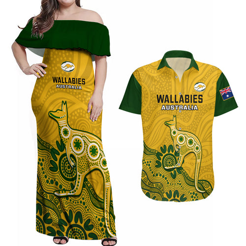 australia-rugby-couples-matching-off-shoulder-maxi-dress-and-hawaiian-shirt-wallabies-2023-kangaroo-indigenous-art