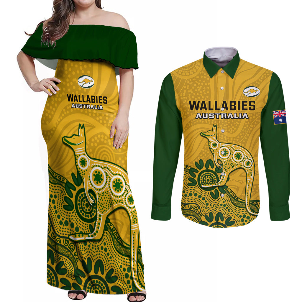 australia-rugby-couples-matching-off-shoulder-maxi-dress-and-long-sleeve-button-shirts-wallabies-2023-kangaroo-indigenous-art