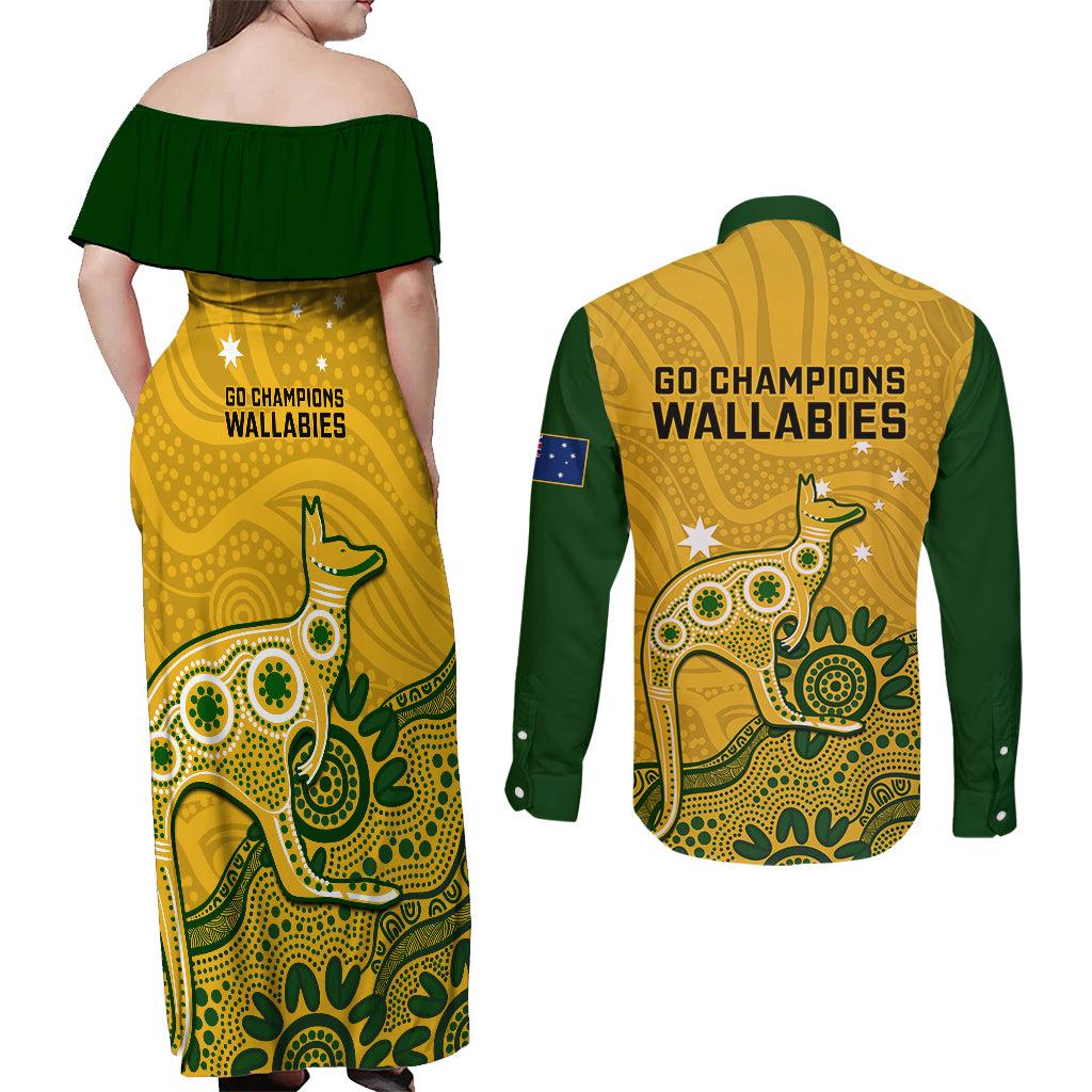 australia-rugby-couples-matching-off-shoulder-maxi-dress-and-long-sleeve-button-shirts-wallabies-2023-kangaroo-indigenous-art