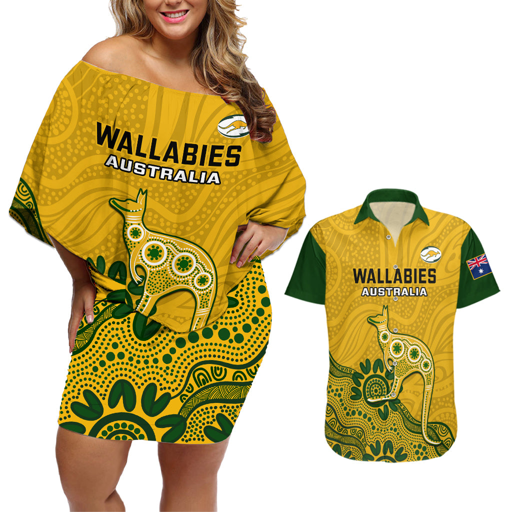 australia-rugby-couples-matching-off-shoulder-short-dress-and-hawaiian-shirt-wallabies-2023-kangaroo-indigenous-art