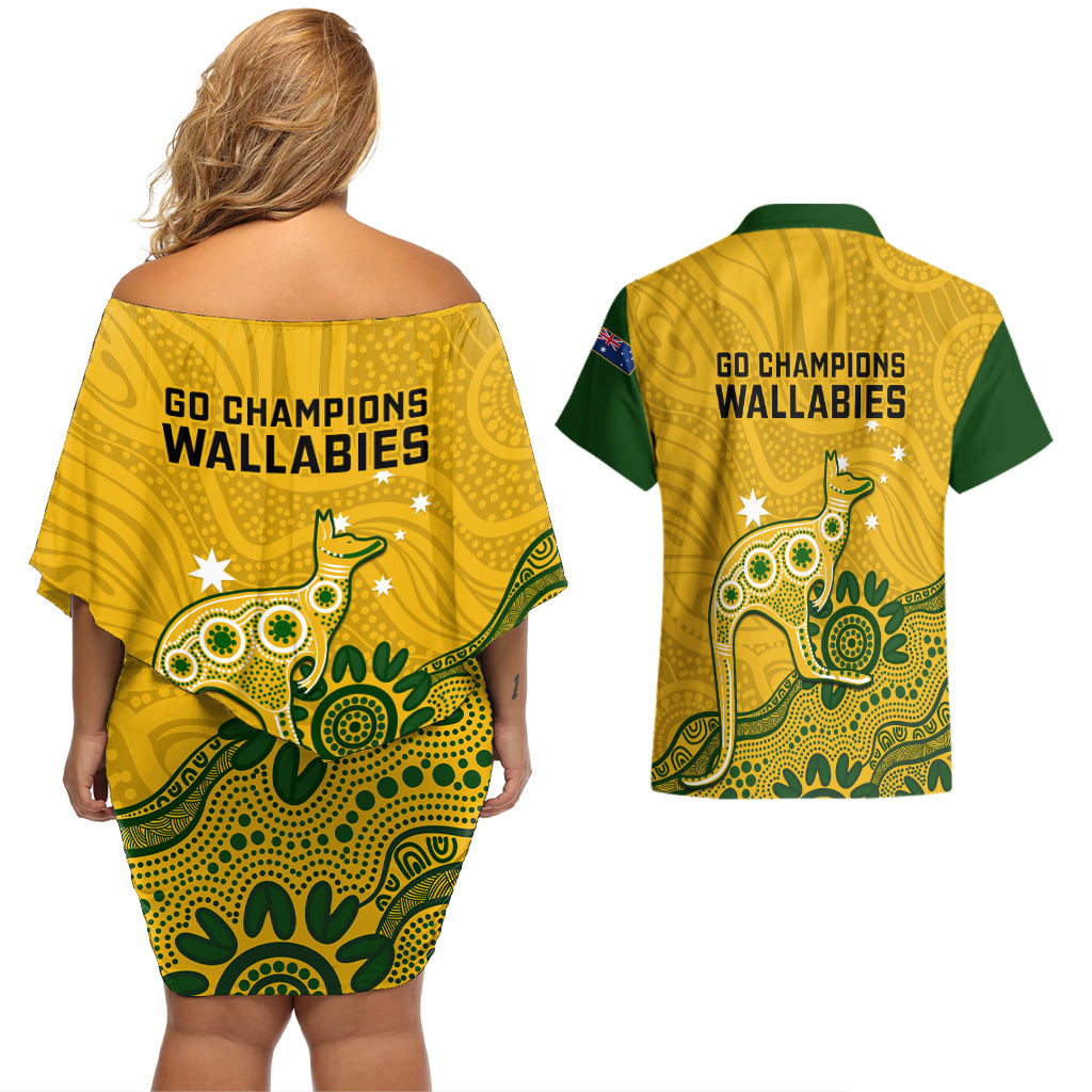 australia-rugby-couples-matching-off-shoulder-short-dress-and-hawaiian-shirt-wallabies-2023-kangaroo-indigenous-art