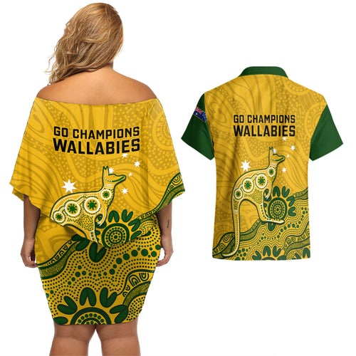 australia-rugby-couples-matching-off-shoulder-short-dress-and-hawaiian-shirt-wallabies-2023-kangaroo-indigenous-art