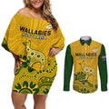 australia-rugby-couples-matching-off-shoulder-short-dress-and-long-sleeve-button-shirts-wallabies-2023-kangaroo-indigenous-art