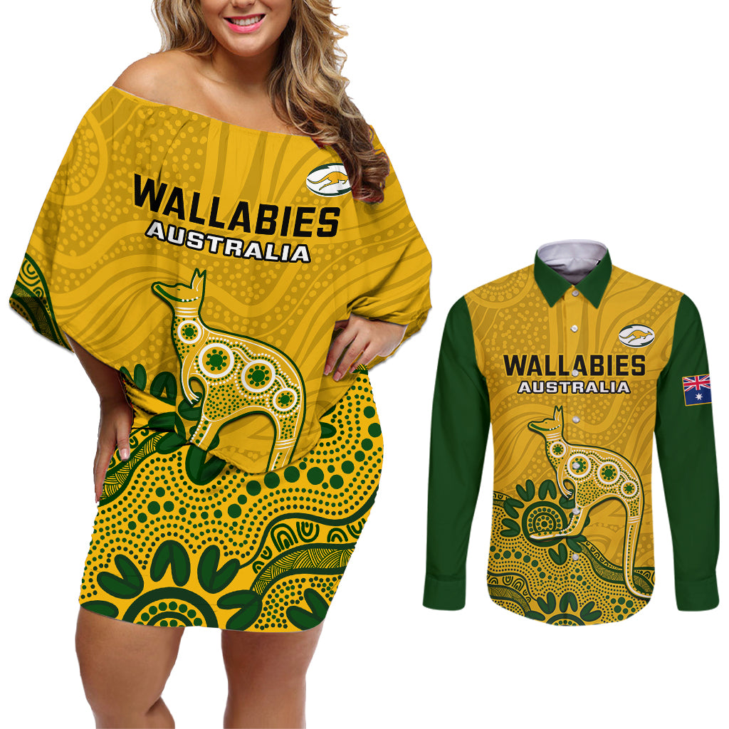australia-rugby-couples-matching-off-shoulder-short-dress-and-long-sleeve-button-shirts-wallabies-2023-kangaroo-indigenous-art
