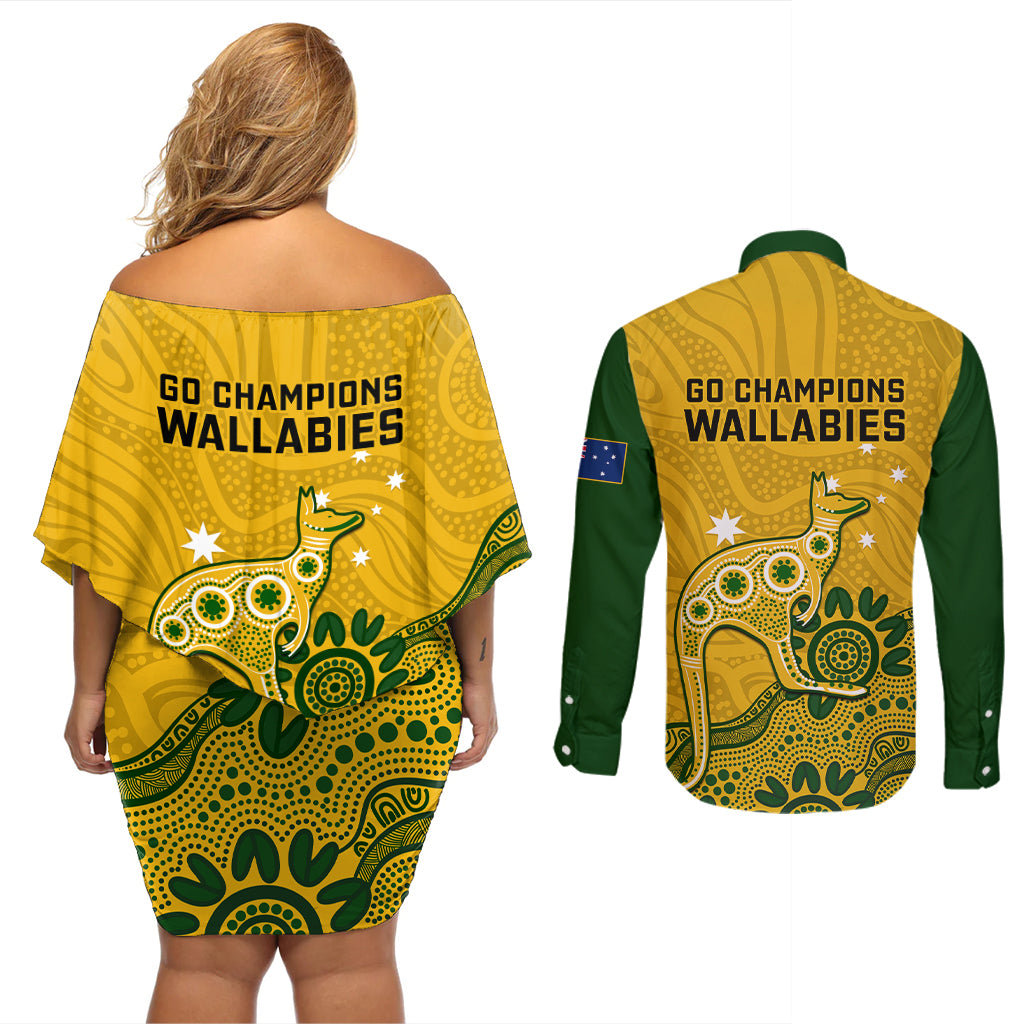 australia-rugby-couples-matching-off-shoulder-short-dress-and-long-sleeve-button-shirts-wallabies-2023-kangaroo-indigenous-art