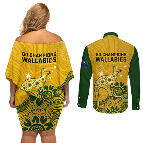 australia-rugby-couples-matching-off-shoulder-short-dress-and-long-sleeve-button-shirts-wallabies-2023-kangaroo-indigenous-art