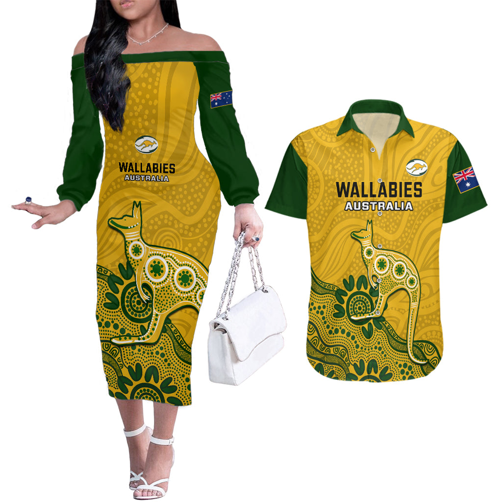 australia-rugby-couples-matching-off-the-shoulder-long-sleeve-dress-and-hawaiian-shirt-wallabies-2023-kangaroo-indigenous-art