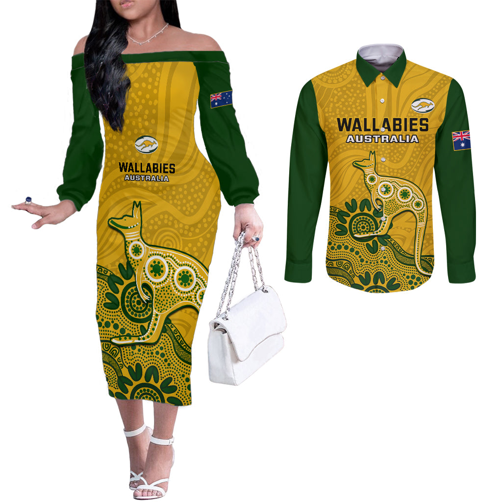 australia-rugby-couples-matching-off-the-shoulder-long-sleeve-dress-and-long-sleeve-button-shirts-wallabies-2023-kangaroo-indigenous-art